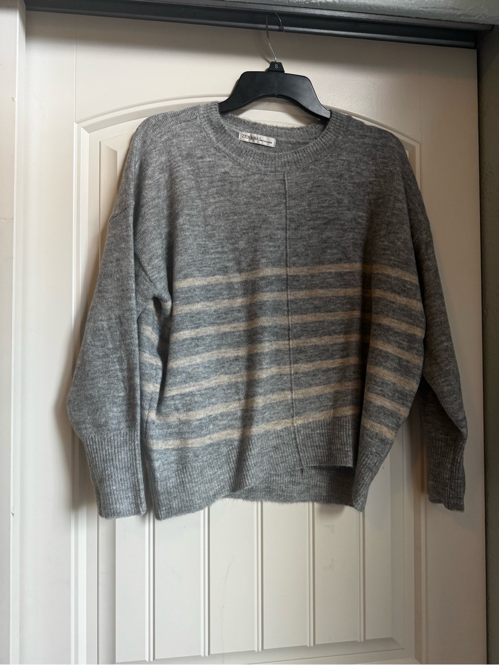 Zenana Outfitters Gray Crewneck Sweater with Cream Stripes